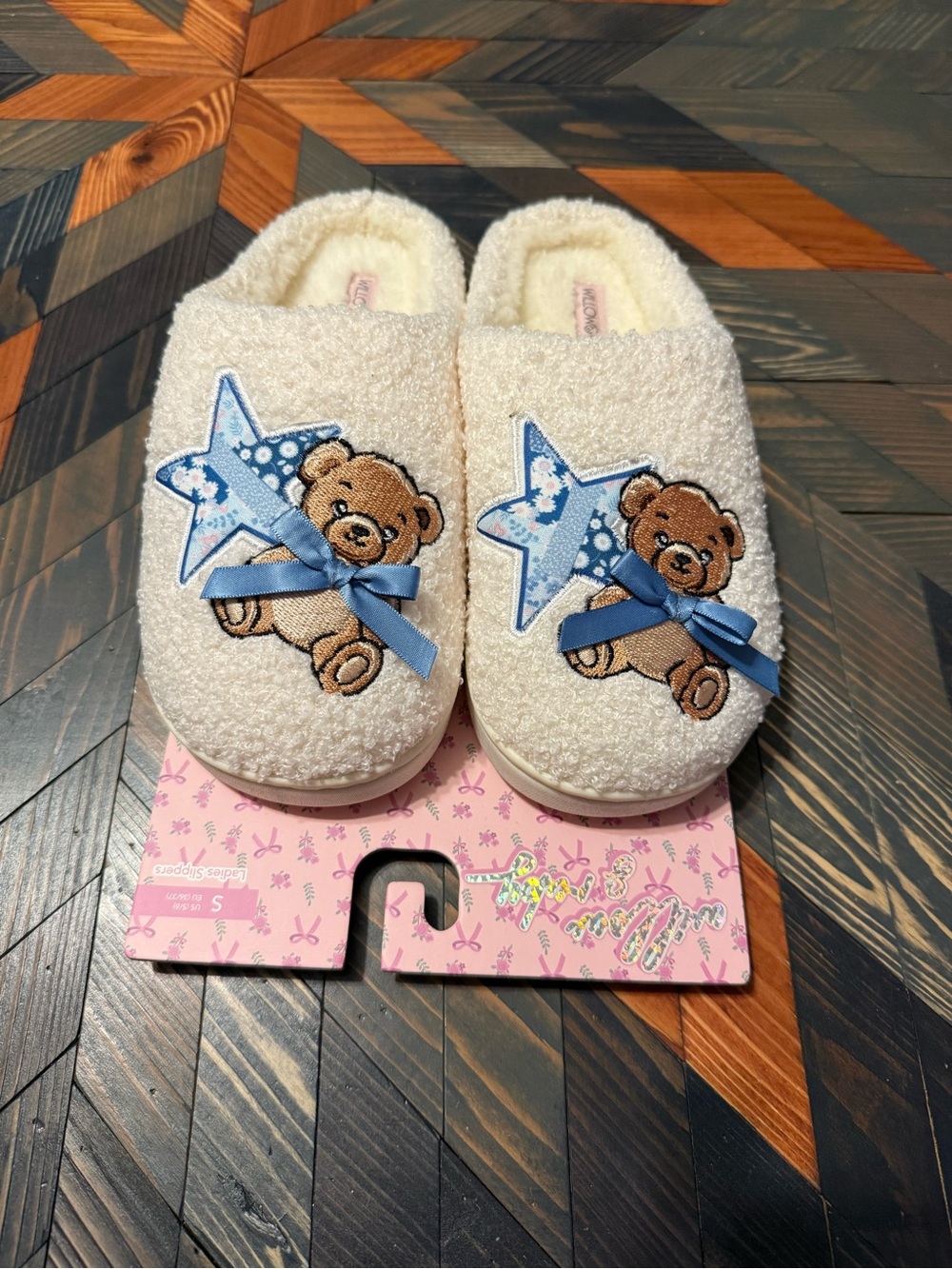 Cozy Teddy Bear Slippers with Blue Star & Bow